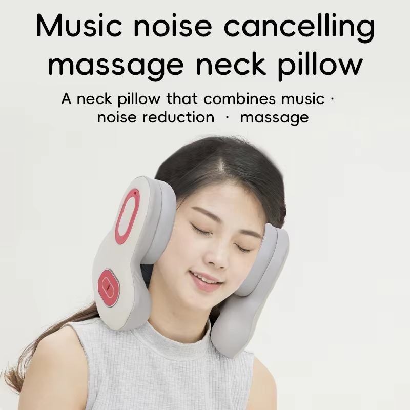 Woman wears a grey Fitlybuy electric neck traction device with integrated speakers and red accent control buttons.