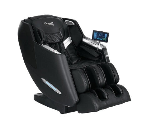 Black luxury electric massage chair with quilted leather, leg rests, and integrated touch screen control panel.
