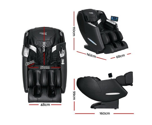Black Fitlybuy electric massage chair showing multiple angles and dimensions for reclining, seating, and height specs.