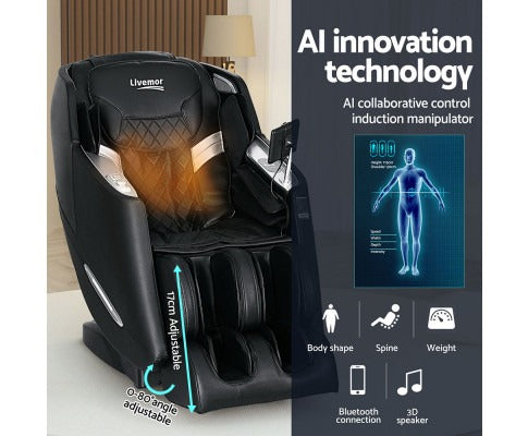 Black luxury electric massage chair with AI technology, heat, adjustable leg rest, Bluetooth, and 3D speakers.