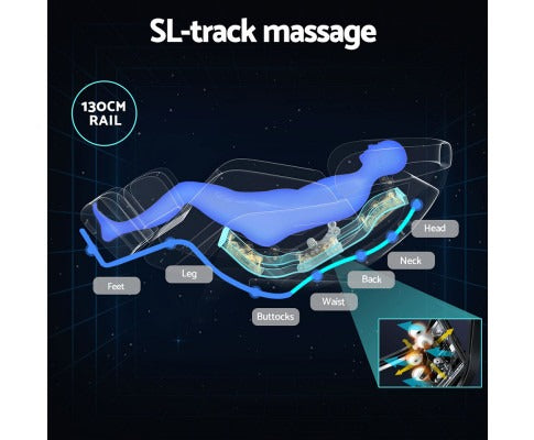 Diagram of Fitlybuy electric massage chair showing 130cm SL-track rail system with highlighted body massage points.