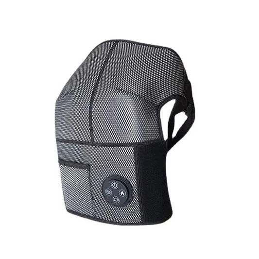 Fitlybuy PhysioPress hip massager in black and grey mesh with built-in control panel for heat and air compression.