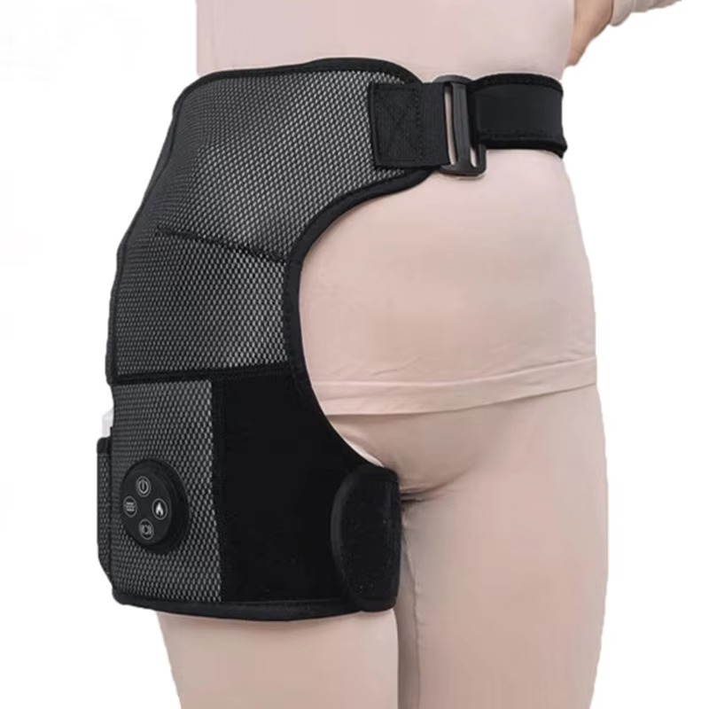 Fitlybuy PhysioPress hip massager in grey and black with heat, air compression, and a digital control panel on the hip.