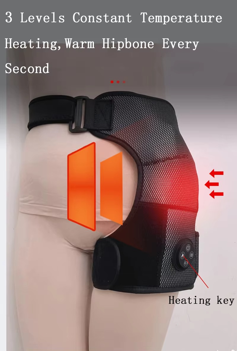Fitlybuy PhysioPress hip massager in black mesh worn on a hip, highlighting heat therapy and a circular control button.