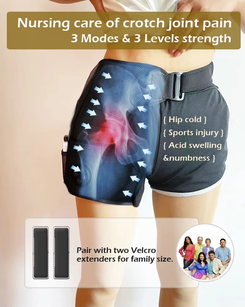 Fitlybuy PhysioPress hip massager: black, adjustable strap belt with heat, air compression, and Velcro extenders.