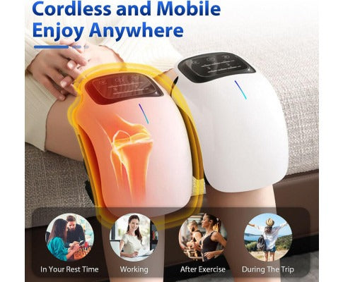 Fitlybuy white and pink cordless knee massagers worn on knees, showcasing pain relief tech for various daily activities.