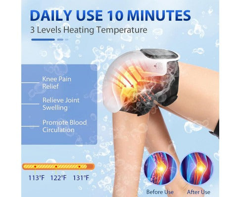 Fitlybuy knee massager and heating brace on a leg, showing pain relief, 3 heat levels, and before/after comparison.