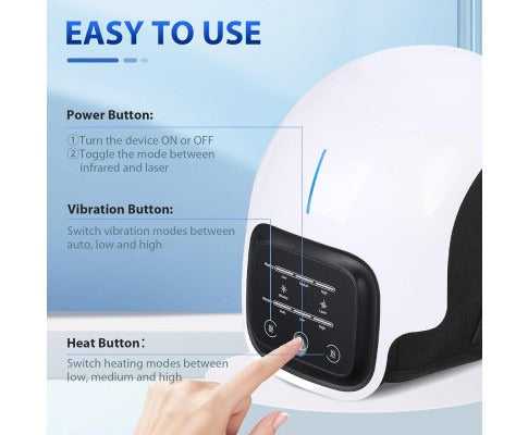 White and black Fitlybuy knee massager showing touch control buttons for power, vibration, and heat settings.