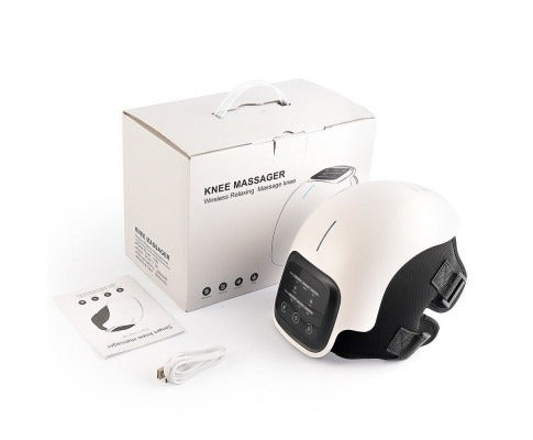 Fitlybuy knee massager kit with white wireless device, digital display, box, charging cable, and user manual.