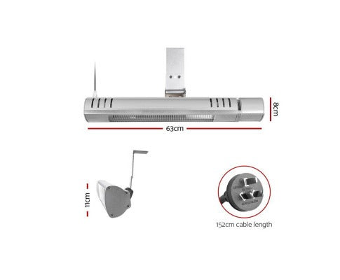 Silver Fitlybuy 2000W infrared radiant heater with mounting bracket, dimensions, and 152cm power cable shown.