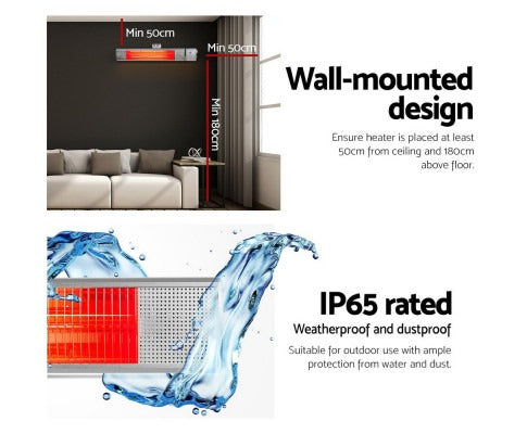 Fitlybuy 2000W infrared radiant heater featuring wall-mount installation, IP65 weatherproof rating, and HeatWave tech.
