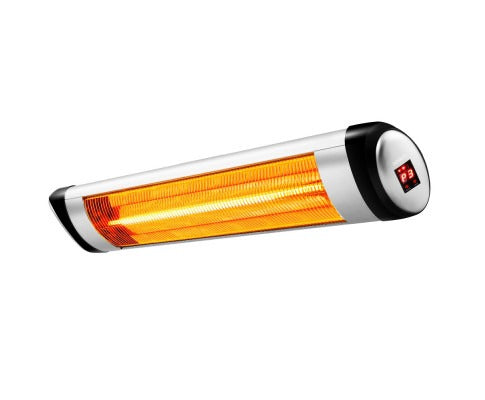Fitlybuy 1500W silver radiant electric strip heater with a glowing orange element and digital LED display.