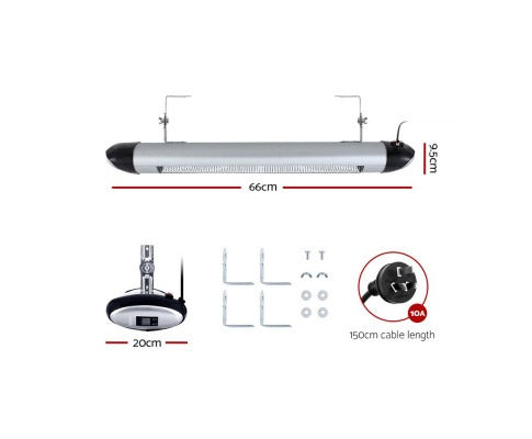 Silver 1500W Fitlybuy radiant strip heater with mounting brackets, power cord, and technical dimensions.