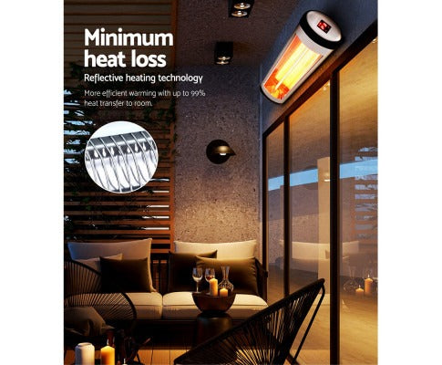 Fitlybuy 1500W electric strip radiant heater mounted on a modern patio wall, emitting a warm orange glow.
