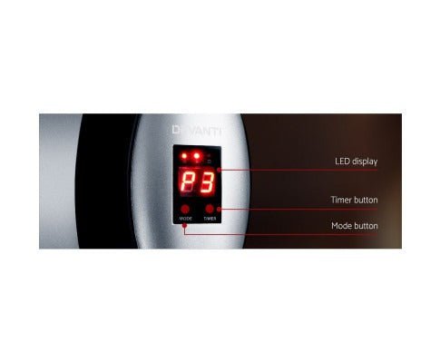 Fitlybuy 1500W heater control panel: silver finish, red LED display, and labeled buttons for Mode and Timer settings.