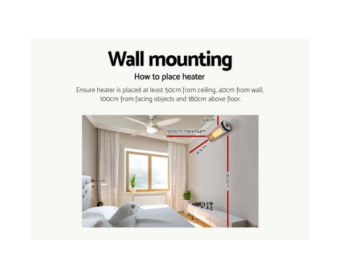 Fitlybuy 1500W radiant strip heater wall-mounting guide showing installation clearance measurements in a modern bedroom.