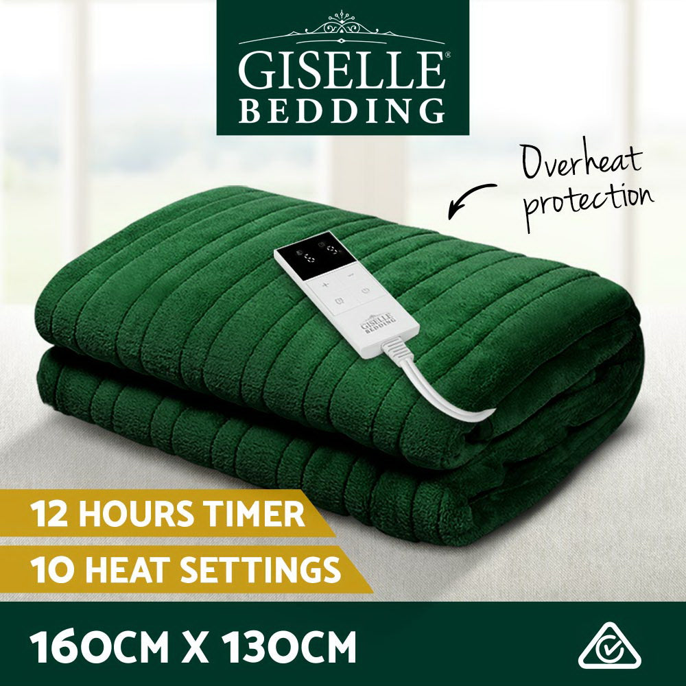 Green Giselle Bedding electric throw blanket with digital controller, 10 heat settings, and 12-hour timer.