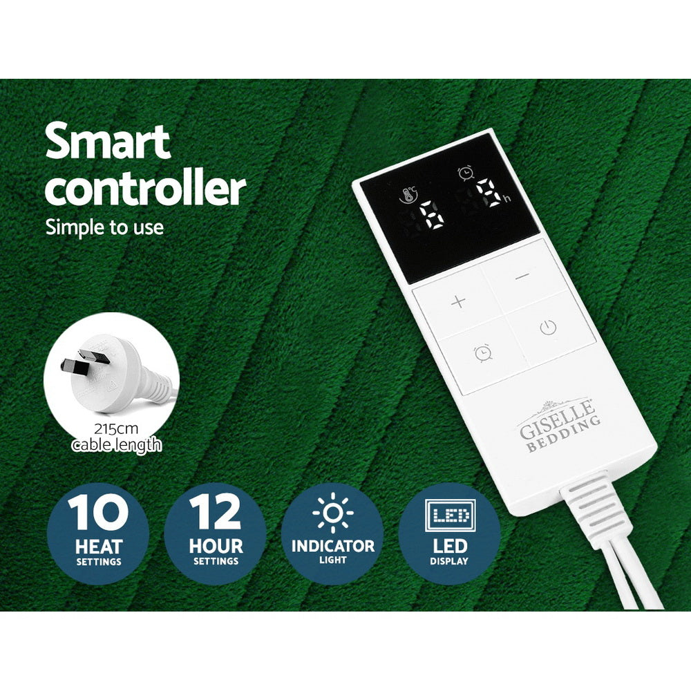 Fitlybuy green electric throw with smart controller, LED display, 10 heat levels, 12-hour timer, and 215cm power cord.
