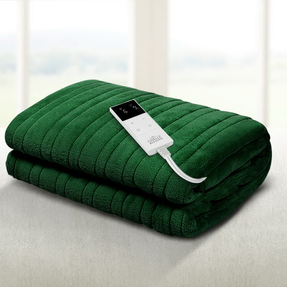 Folded dark green electric throw blanket with a digital remote control and ribbed, soft-touch fabric texture.