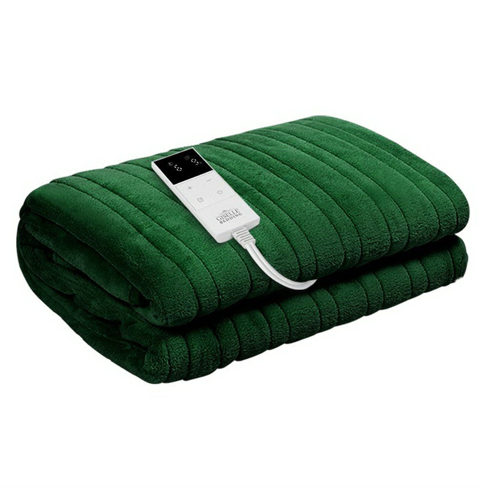 Folded forest green electric throw blanket with a digital remote control, featuring channeled UltraWarm fabric.