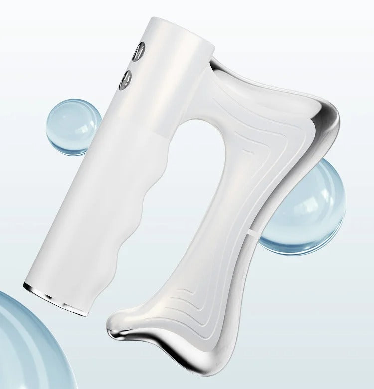 White Fitlybuy electric fascia massager with heat/microcurrent, ergonomic handle, and blue water bubbles background.