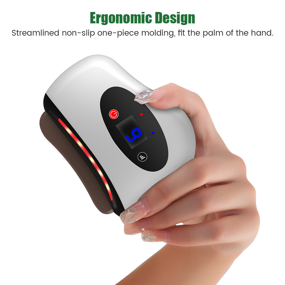 Hand holding a white Fitlybuy electric Guasha massager with a digital display, heat therapy, and ergonomic design.