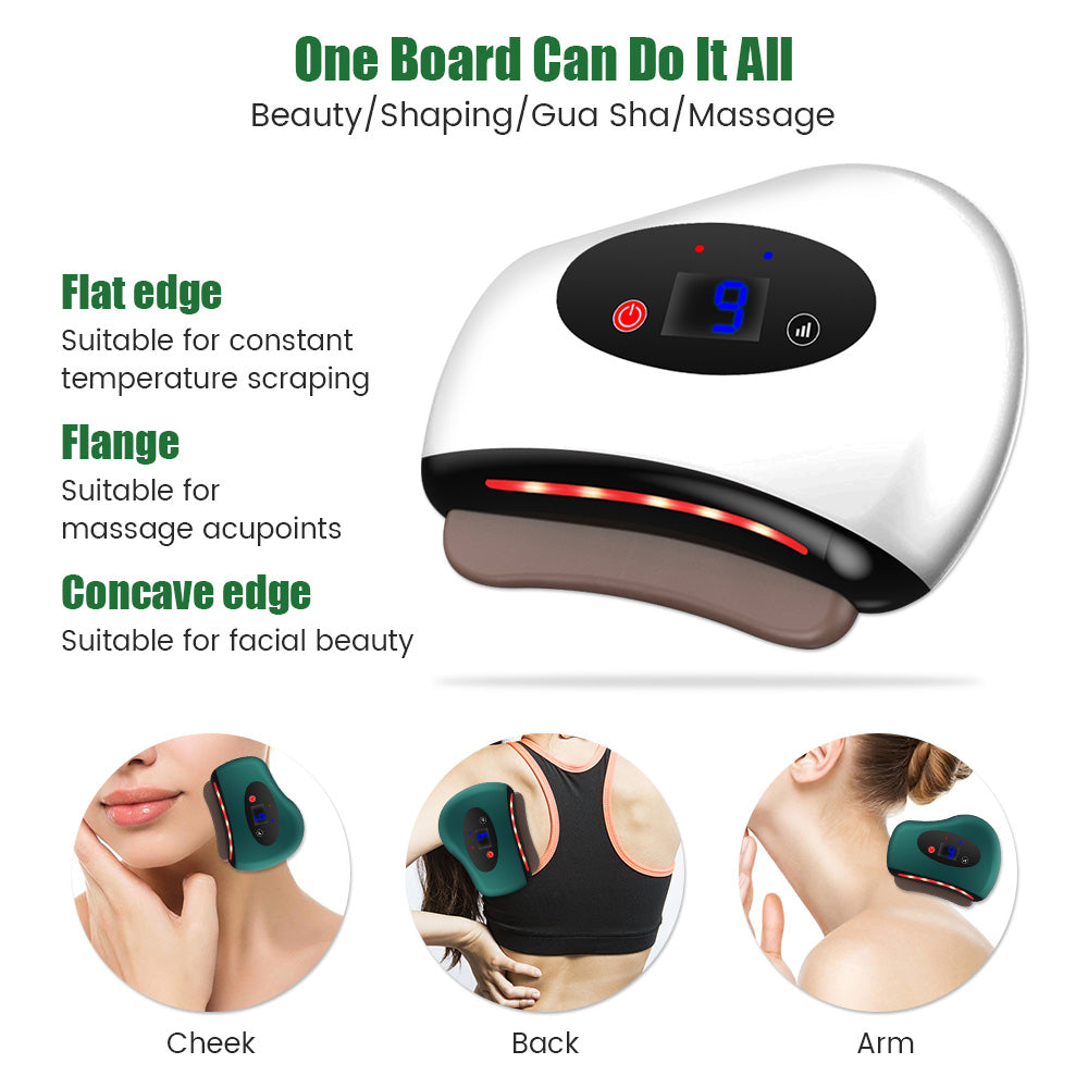 Fitlybuy electric Guasha massager with LED display, heat therapy, and ergonomic edges for face, back, and arm massage.