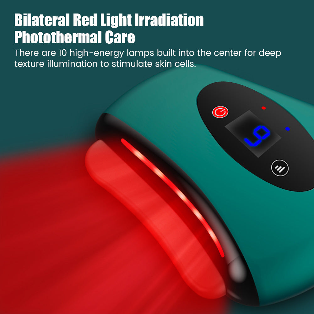 Teal Fitlybuy electric guasha massager with red light therapy, digital display, and power settings on a green background.