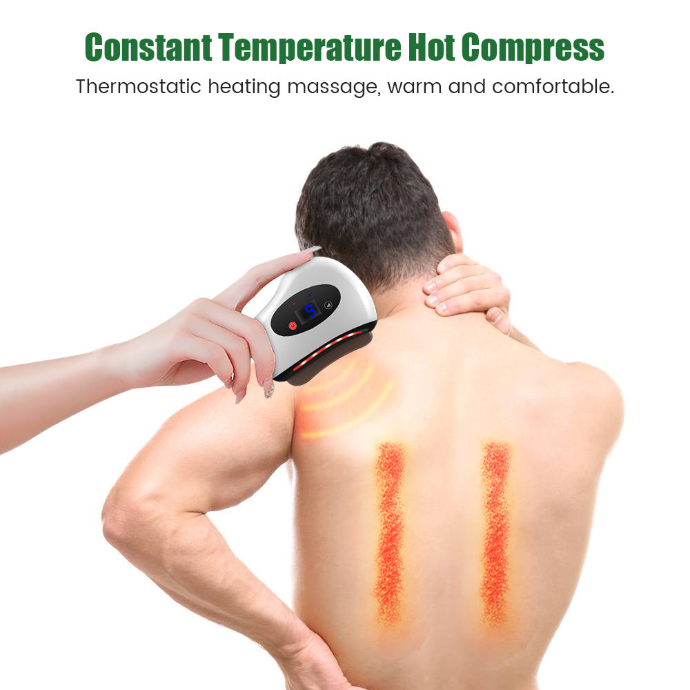 Fitlybuy electric Guasha massager with LED display and heat therapy being used on a man's back.