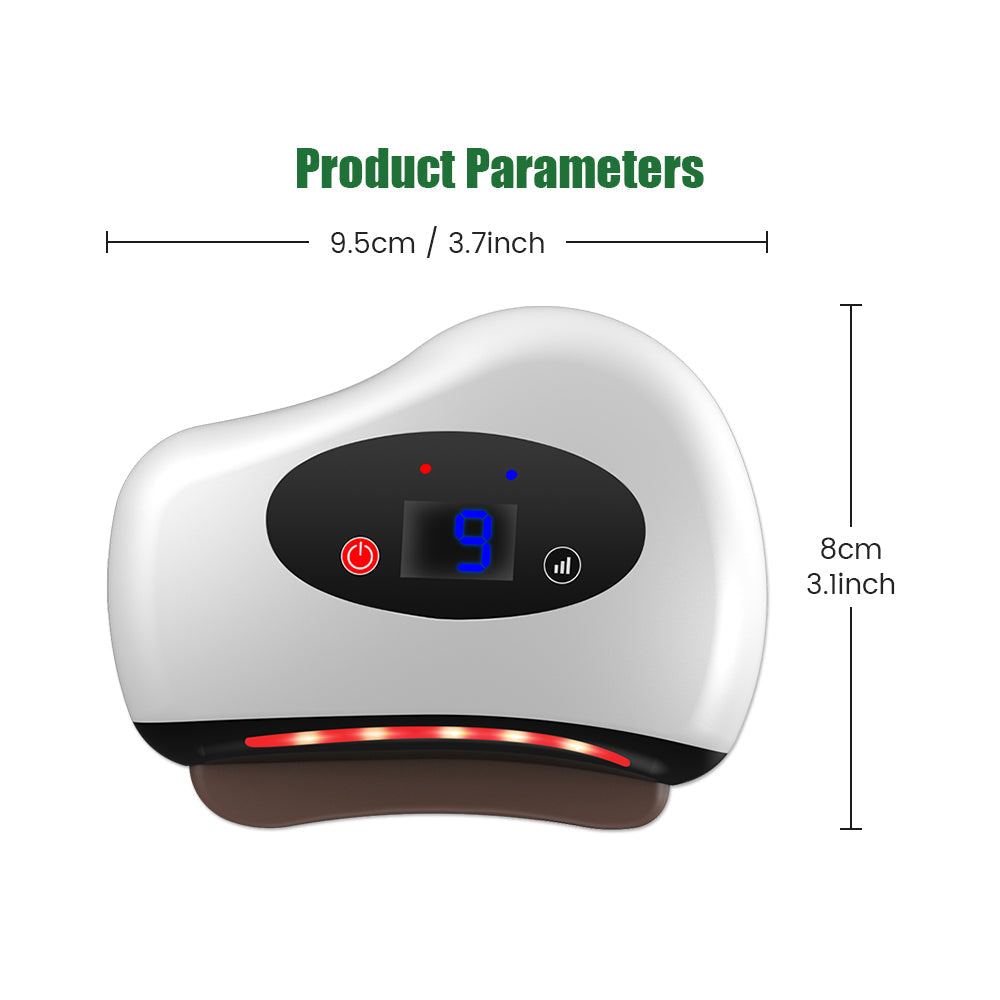 White Fitlybuy electric guasha with heat therapy, LED digital display, and 9.5cm x 8cm dimensions.
