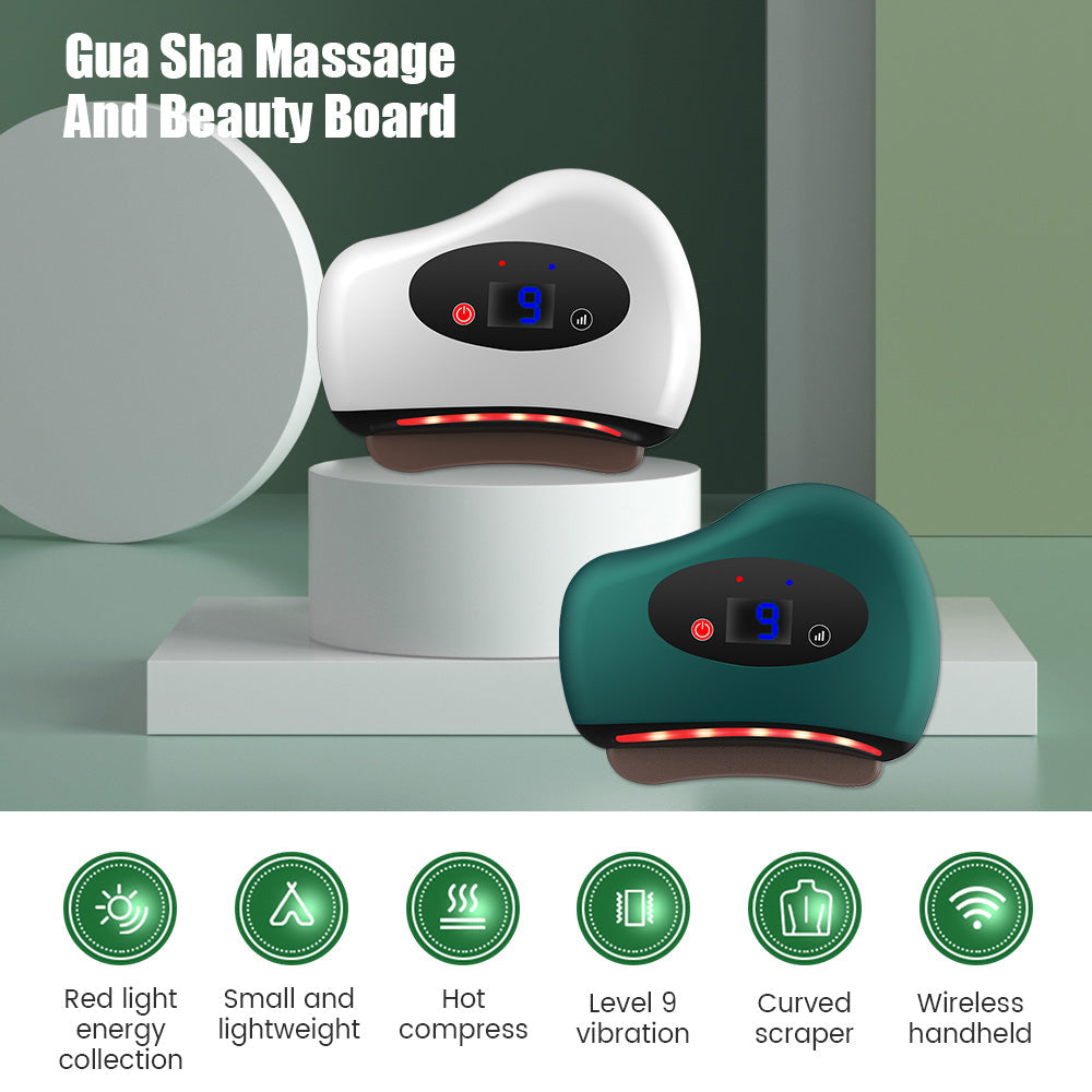 White and green Fitlybuy electric Gua Sha massagers with digital display, heat therapy, and vibration on display stands.