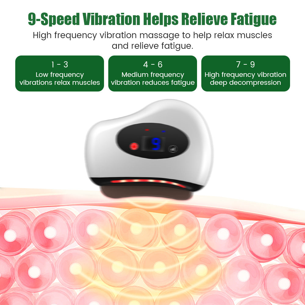 White Fitlybuy electric guasha massager with 9-speed heat therapy vibrating against a stylized skin cross-section.