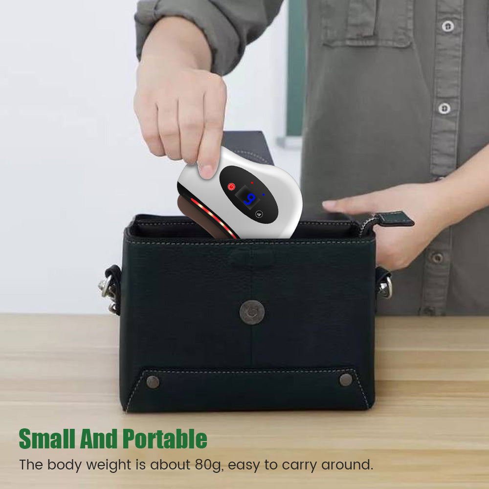 Person placing a white Fitlybuy electric Guasha massager with a digital display and heat therapy into a black purse.