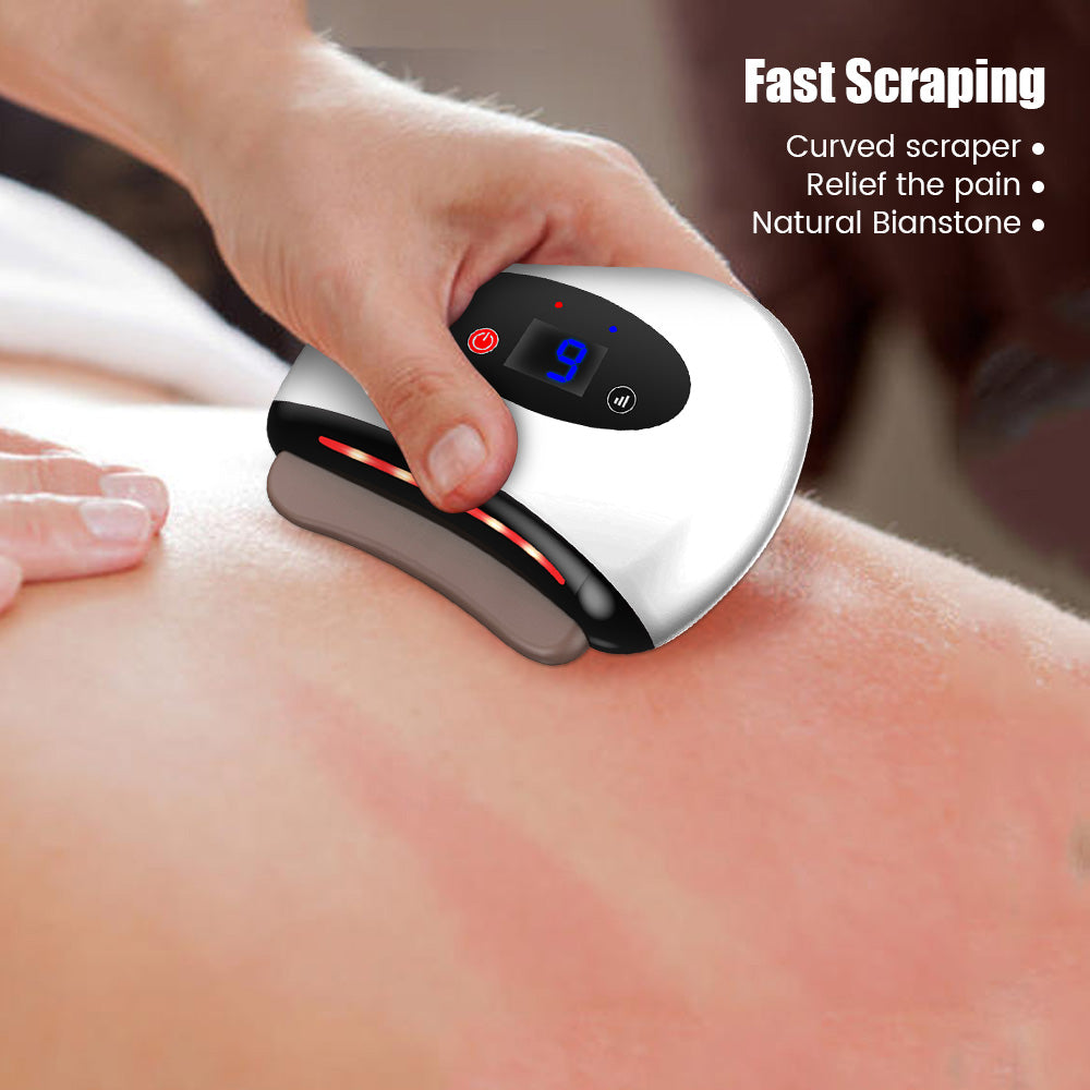 Fitlybuy electric Guasha massager with curved Bianstone scraper, heat therapy, and digital display, used on back skin.