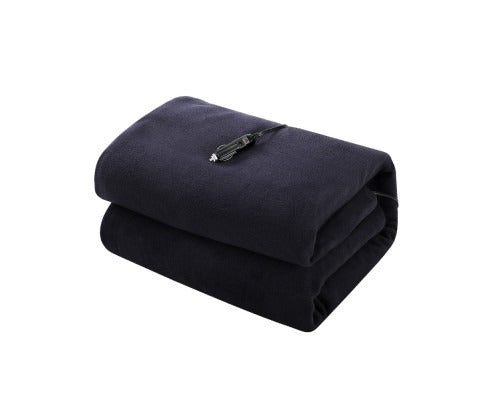 Folded navy blue Fitlybuy electric car throw blanket with a 12V DC power plug for vehicle use.