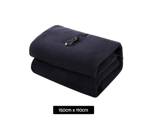 Folded navy blue Fitlybuy electric car heated blanket with 12V adapter plug. Dimensions 150cm x 110cm.