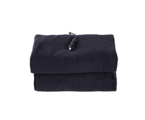 Folded navy blue Fitlybuy electric heated car throw rug with a 12V cigarette lighter plug for RapidHeat technology.