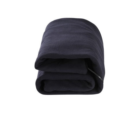 Folded navy blue Fitlybuy electric car throw rug with a visible power cord for RapidHeat technology.