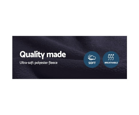 Dark navy, ultra-soft polyester fleece car heated blanket with "Soft" and "Breathable" icons.