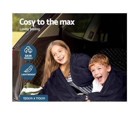 Two children wrapped in a navy blue Fitlybuy electric car throw blanket while sitting in the back of a vehicle.