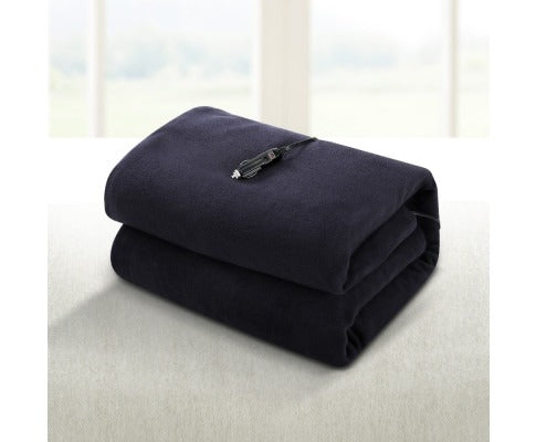 Folded navy blue Fitlybuy electric car throw blanket with a 12V DC power plug adapter on a white surface.