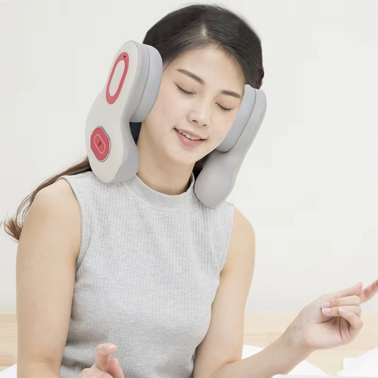 Woman wearing a grey and red Fitlybuy electric neck traction device for heat therapy and support.