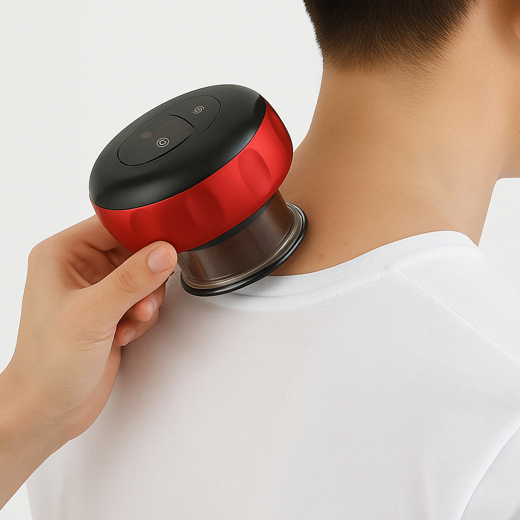 Red and black Fitlybuy electric vacuum cupping massager being used on a person's neck for suction therapy.