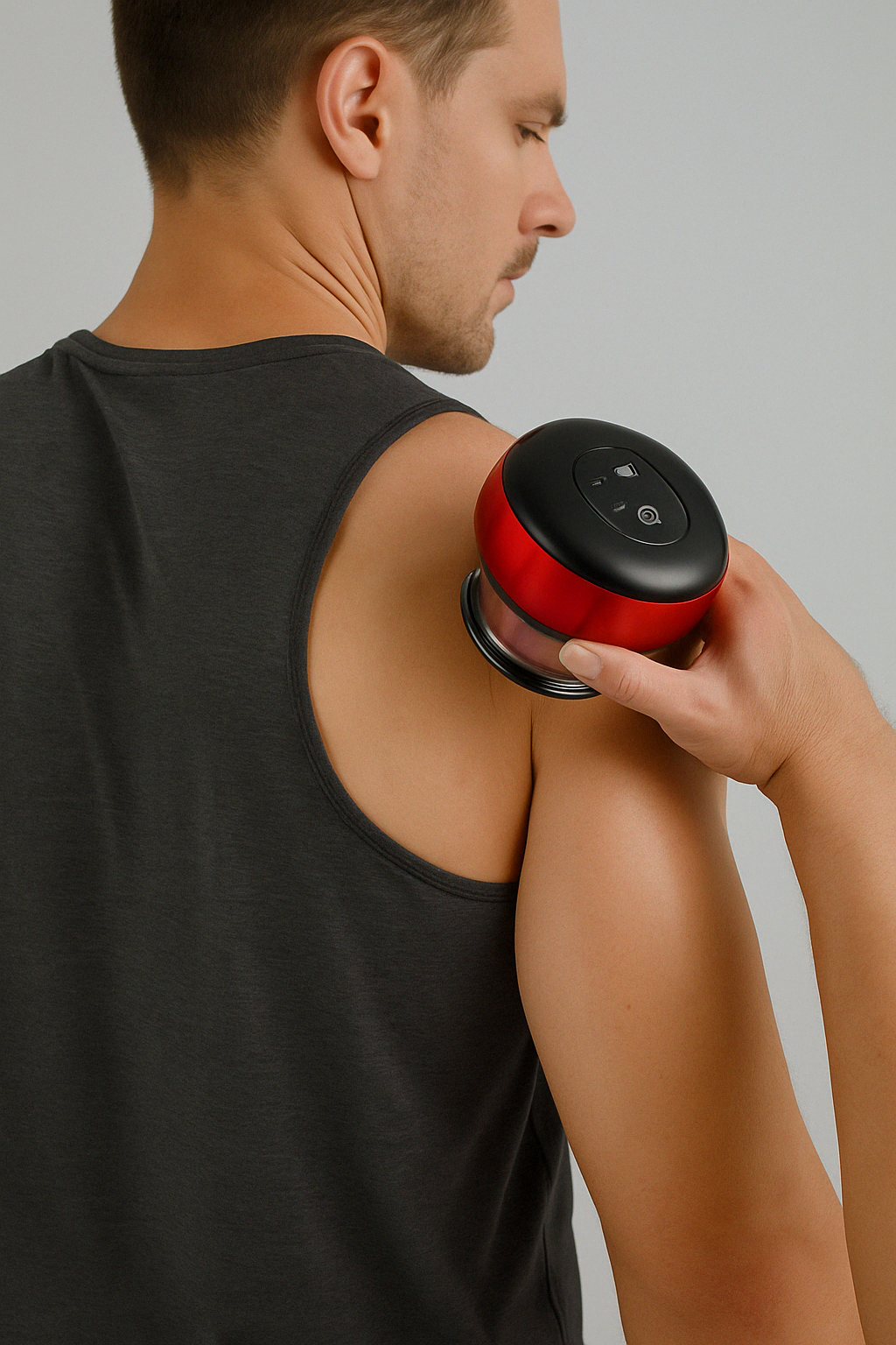Man using a red and black Fitlybuy electric vacuum cupping massager on his shoulder for targeted suction therapy.