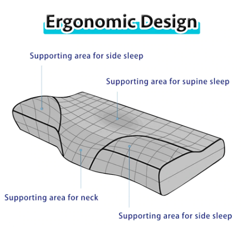 Fitlybuy Dream Align memory foam pillow with ergonomic grid design, showing support zones for side, back, and neck sleep.