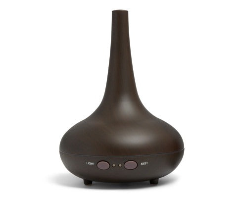 Fitlybuy Milano dark wood grain ultrasonic aromatherapy diffuser and humidifier with light and mist control buttons.