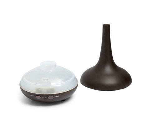 Fitlybuy Milano dark wood-grain ultrasonic aromatherapy diffuser with disassembled base and top cover on white background.