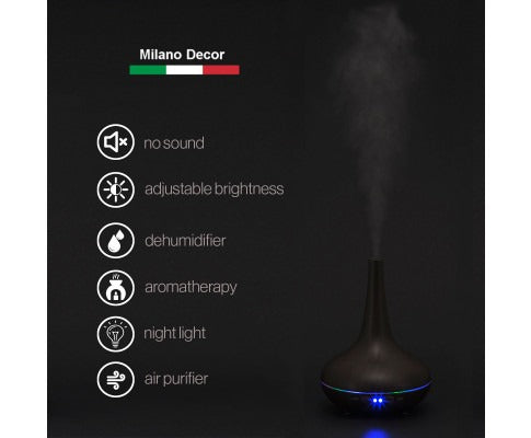 Fitlybuy Milano black ultrasonic aromatherapy diffuser emitting mist, with icons listing features on a black background.
