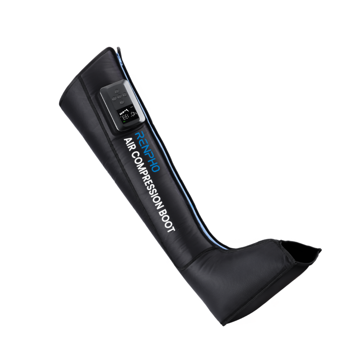 Black Renpho air compression boot with integrated digital control panel on white background.