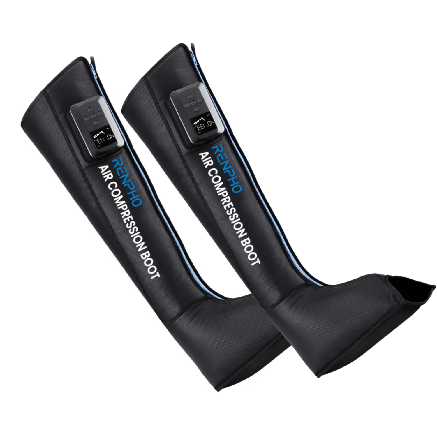 Black Renpho air compression recovery boots with attached digital control units and blue accents, isolated on white.
